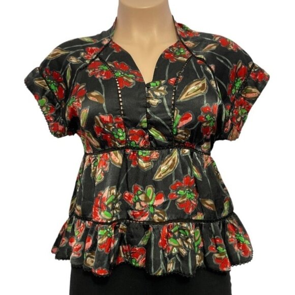 ESLEY Boho Casual Cinch-Waist Floral Top Large Black Multicolor Hi-Lo Baby-Doll - Picture 10 of 13
